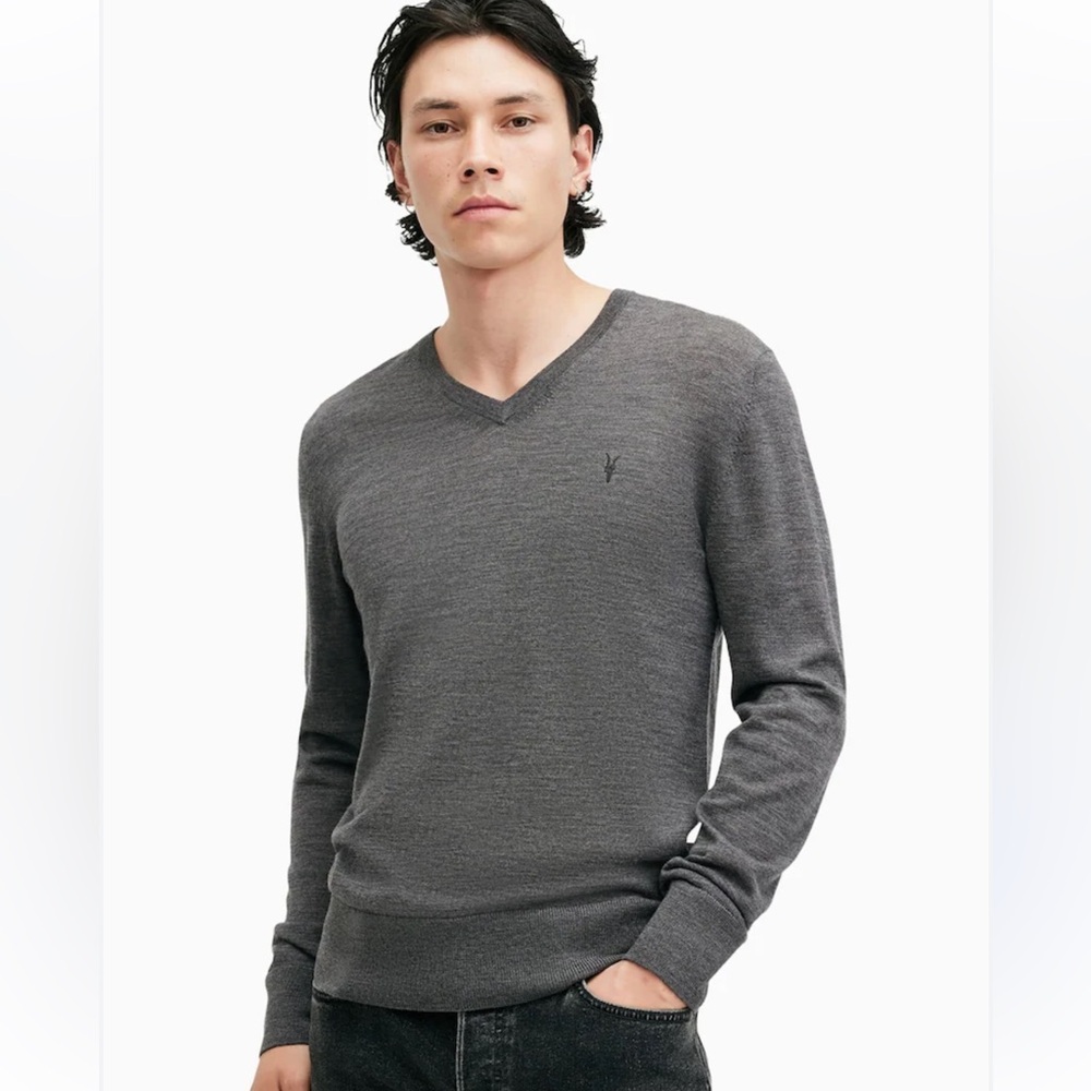 AllSaints Men’s Mode Merino Wool V-Neck Ramskull Sweater Gray XXL